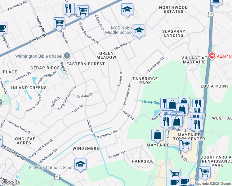 map of restaurants, bars, coffee shops, grocery stores, and more near 381 Toulon Street in Wilmington