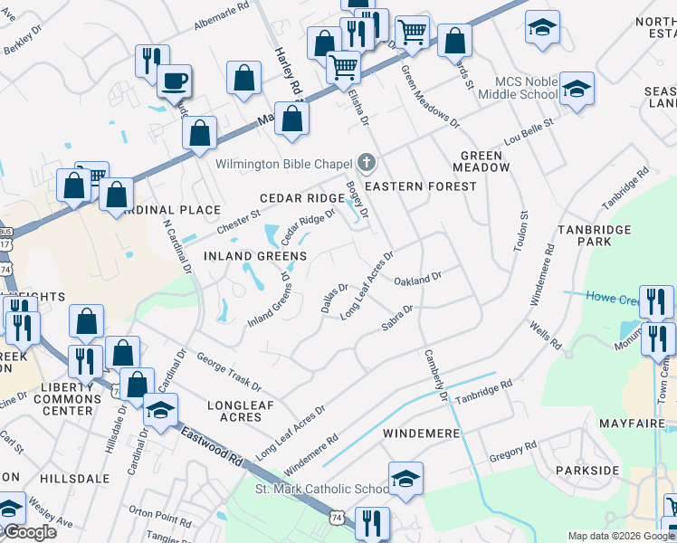 map of restaurants, bars, coffee shops, grocery stores, and more near 300 Wiregrass Rd in Wilmington