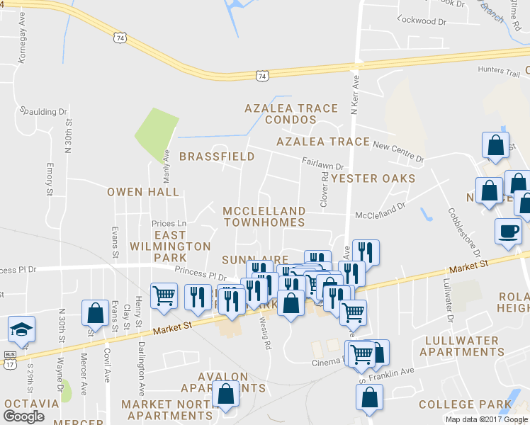 map of restaurants, bars, coffee shops, grocery stores, and more near 339 Saint Rosea Road in Wilmington