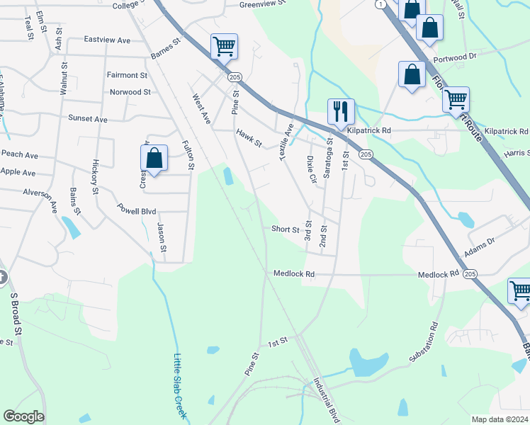 map of restaurants, bars, coffee shops, grocery stores, and more near 580 Pine Street in Albertville