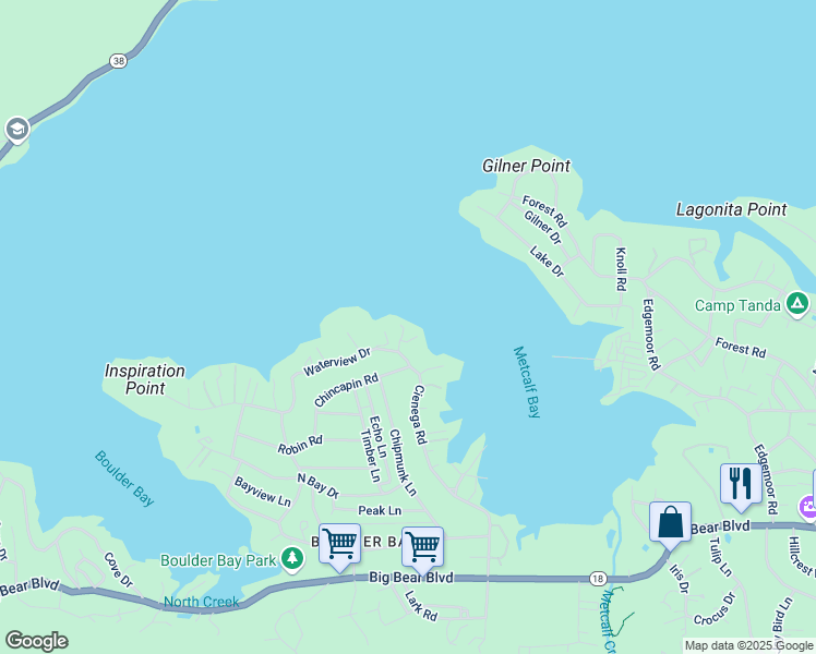 map of restaurants, bars, coffee shops, grocery stores, and more near 39276 Waterview Drive in Big Bear Lake