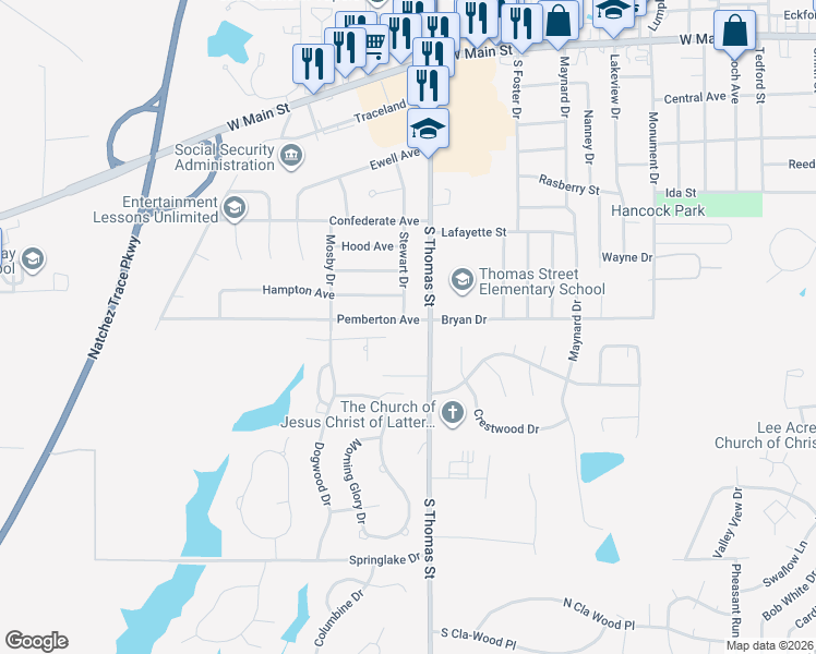 map of restaurants, bars, coffee shops, grocery stores, and more near 2501 Pemberton Avenue in Tupelo