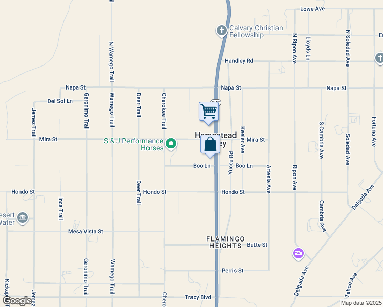 map of restaurants, bars, coffee shops, grocery stores, and more near 56011 Mira Street in Yucca Valley