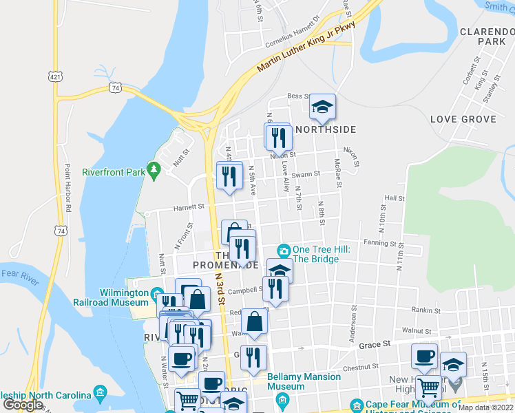 map of restaurants, bars, coffee shops, grocery stores, and more near 501 Bellamy Alley in Wilmington