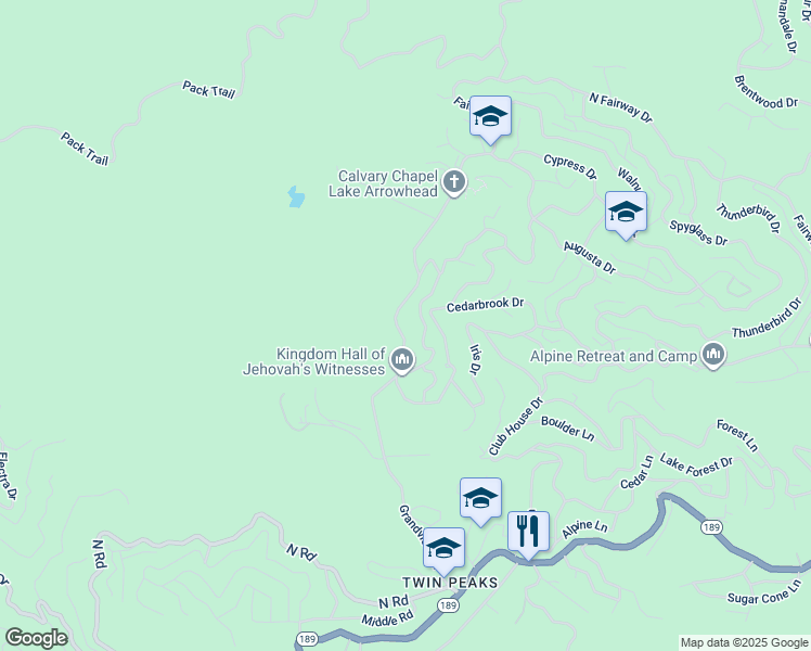 map of restaurants, bars, coffee shops, grocery stores, and more near 375 Grandview Road in Lake Arrowhead