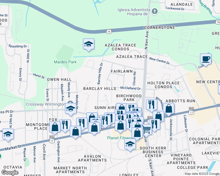 map of restaurants, bars, coffee shops, grocery stores, and more near 343 Saint Rosea Road in Wilmington