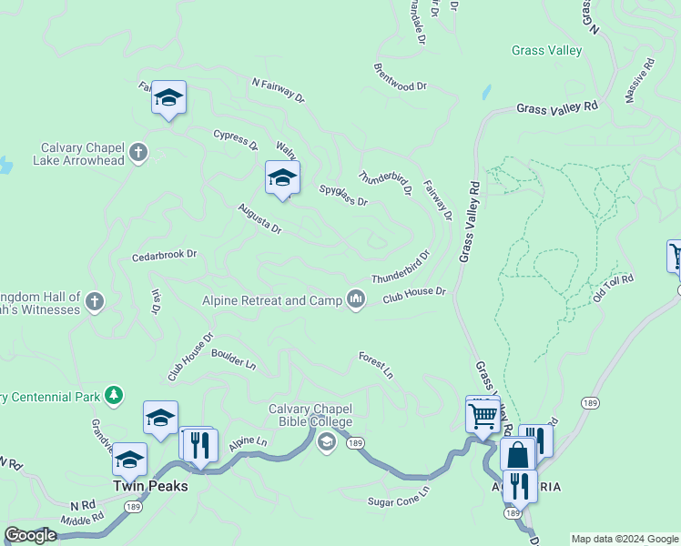 map of restaurants, bars, coffee shops, grocery stores, and more near 26433 Thunderbird Drive in Lake Arrowhead