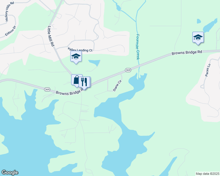 map of restaurants, bars, coffee shops, grocery stores, and more near 6975 Diana Circle in Gainesville