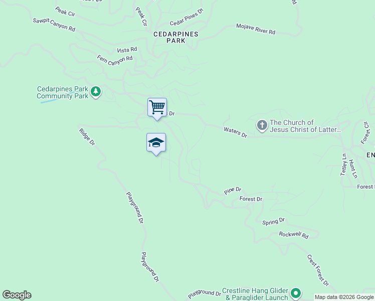 map of restaurants, bars, coffee shops, grocery stores, and more near Fir Street in Crestline