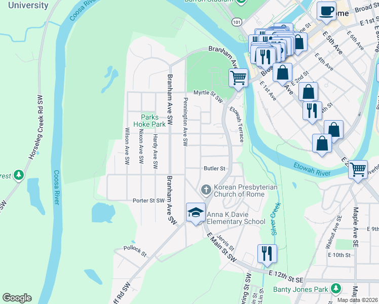 map of restaurants, bars, coffee shops, grocery stores, and more near 404 Pennington Avenue Southwest in Rome
