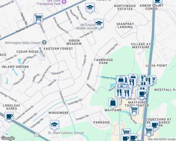 map of restaurants, bars, coffee shops, grocery stores, and more near 625 Windemere Rd in Wilmington