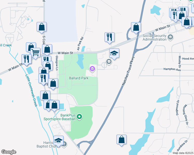 map of restaurants, bars, coffee shops, grocery stores, and more near Rutherford Road in Tupelo
