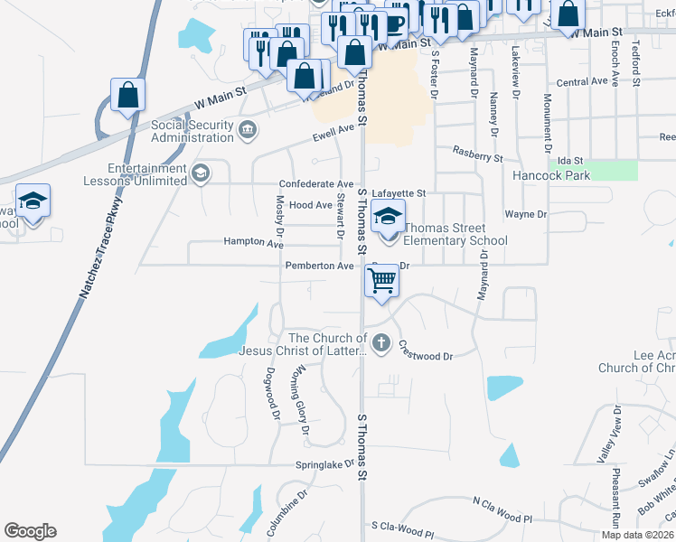 map of restaurants, bars, coffee shops, grocery stores, and more near 2501 Pemberton Avenue in Tupelo