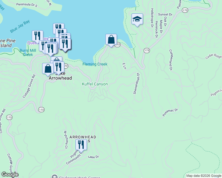 map of restaurants, bars, coffee shops, grocery stores, and more near 385 Kuffel Canyon Road in Lake Arrowhead