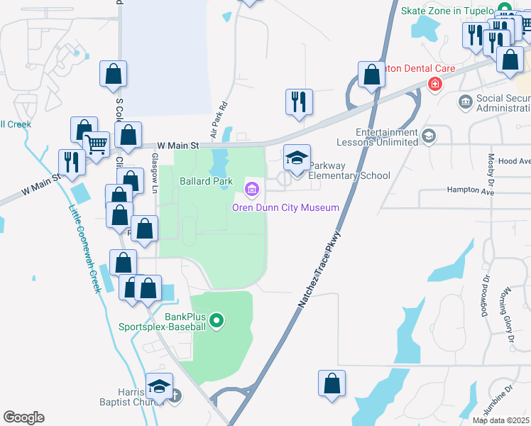 map of restaurants, bars, coffee shops, grocery stores, and more near Rutherford Road in Tupelo