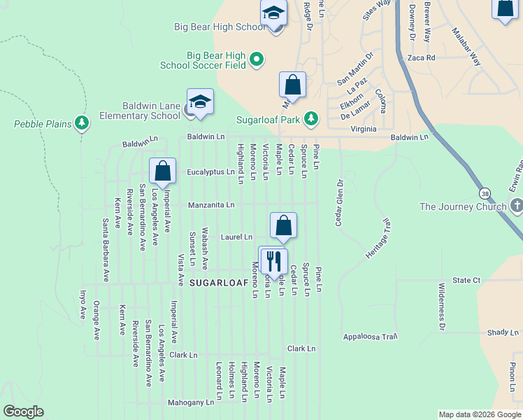 map of restaurants, bars, coffee shops, grocery stores, and more near 306 Victoria Lane in Big Bear