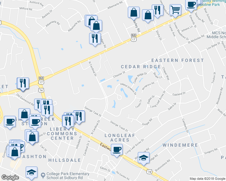 map of restaurants, bars, coffee shops, grocery stores, and more near 5917 Inland Greens Drive in Wilmington