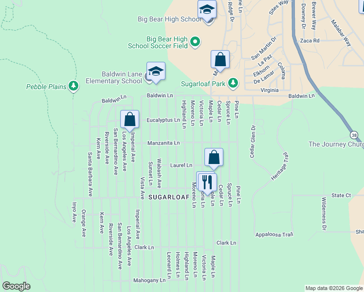 map of restaurants, bars, coffee shops, grocery stores, and more near 304 Highland Lane in Big Bear