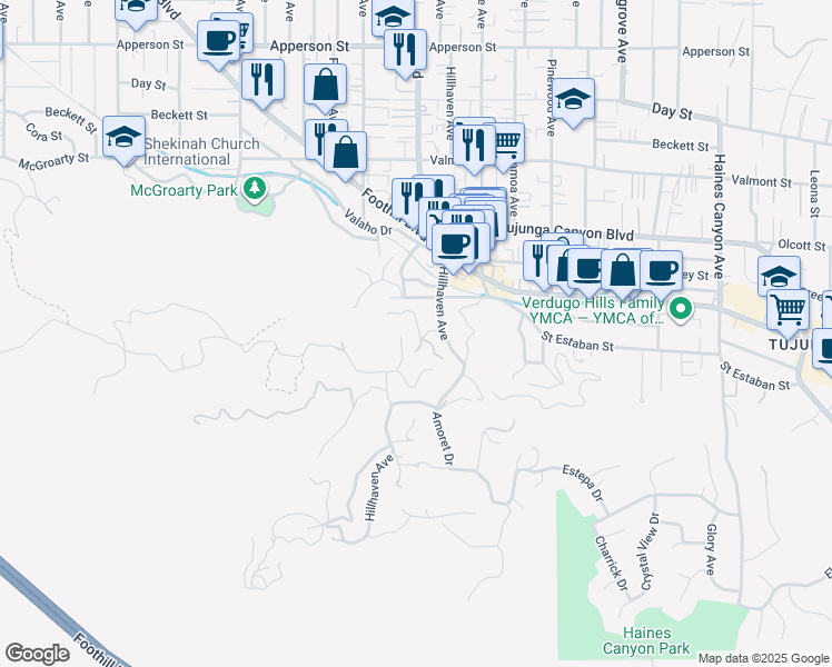 map of restaurants, bars, coffee shops, grocery stores, and more near 9739 Oak Bend Drive in Los Angeles