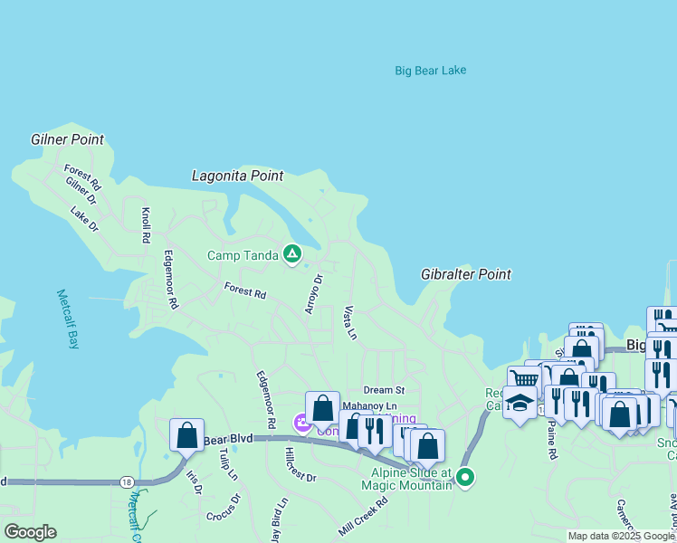 map of restaurants, bars, coffee shops, grocery stores, and more near 319 Arroyo Drive in Big Bear Lake