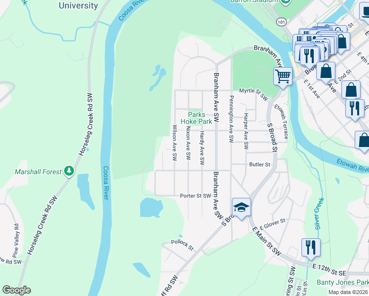 map of restaurants, bars, coffee shops, grocery stores, and more near 401 Nixon Avenue Southwest in Rome