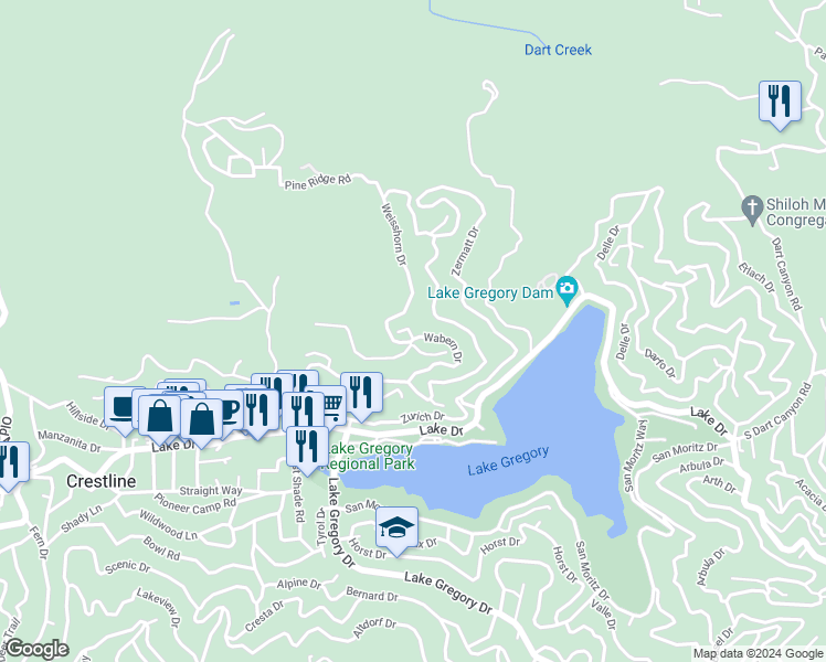 map of restaurants, bars, coffee shops, grocery stores, and more near 24303 Wabern Drive in Crestline