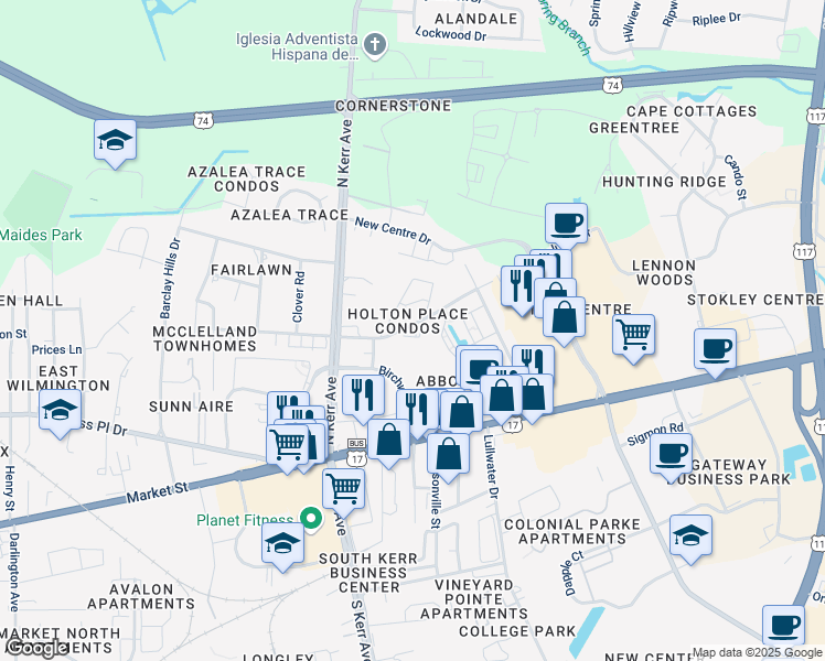 map of restaurants, bars, coffee shops, grocery stores, and more near 4610 McClelland Drive in Wilmington