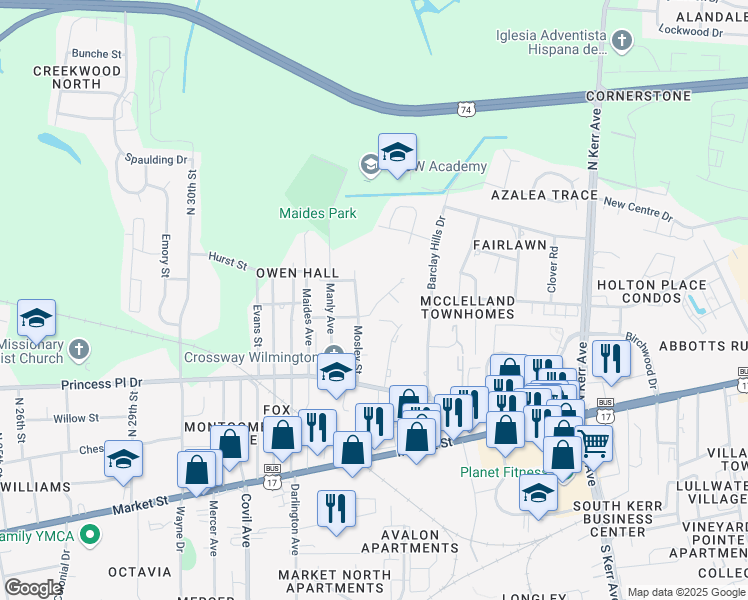 map of restaurants, bars, coffee shops, grocery stores, and more near 3809 Prices Lane in Wilmington