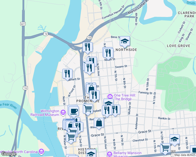 map of restaurants, bars, coffee shops, grocery stores, and more near 916 1/2 North 5th Avenue in Wilmington