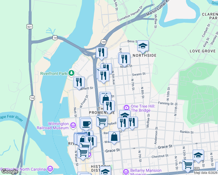 map of restaurants, bars, coffee shops, grocery stores, and more near in Wilmington