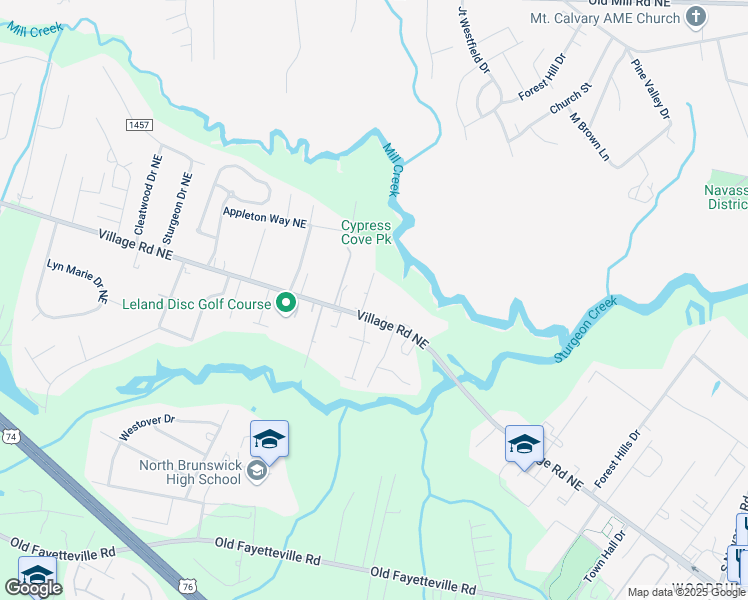 map of restaurants, bars, coffee shops, grocery stores, and more near 832 Village Road Northeast in Leland