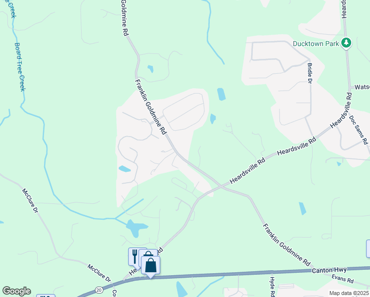 map of restaurants, bars, coffee shops, grocery stores, and more near 5360 Franklin Goldmine Road in Cumming