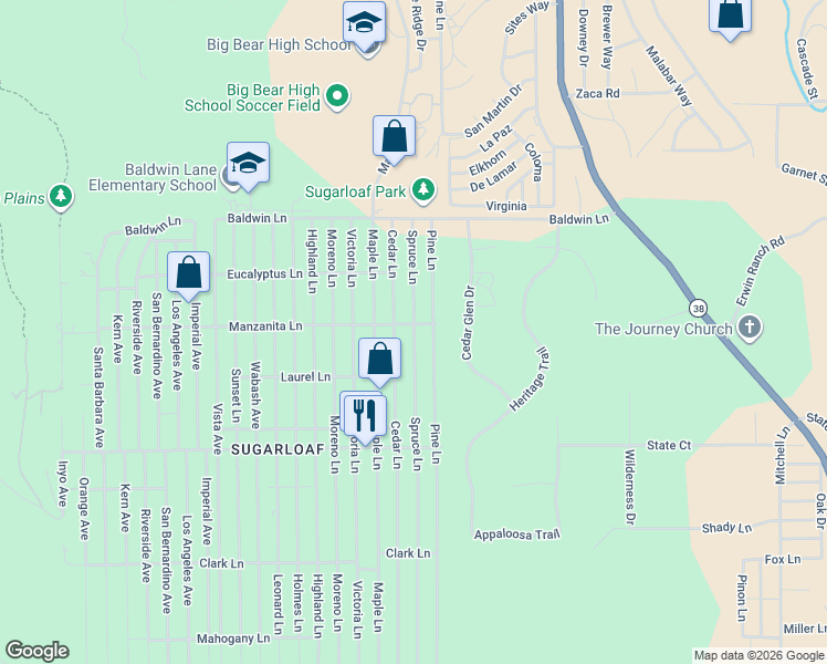 map of restaurants, bars, coffee shops, grocery stores, and more near Spruce Lane in Big Bear