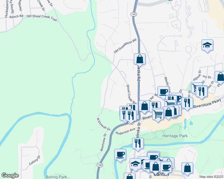 map of restaurants, bars, coffee shops, grocery stores, and more near 105 Franklin Hills Court in Canton
