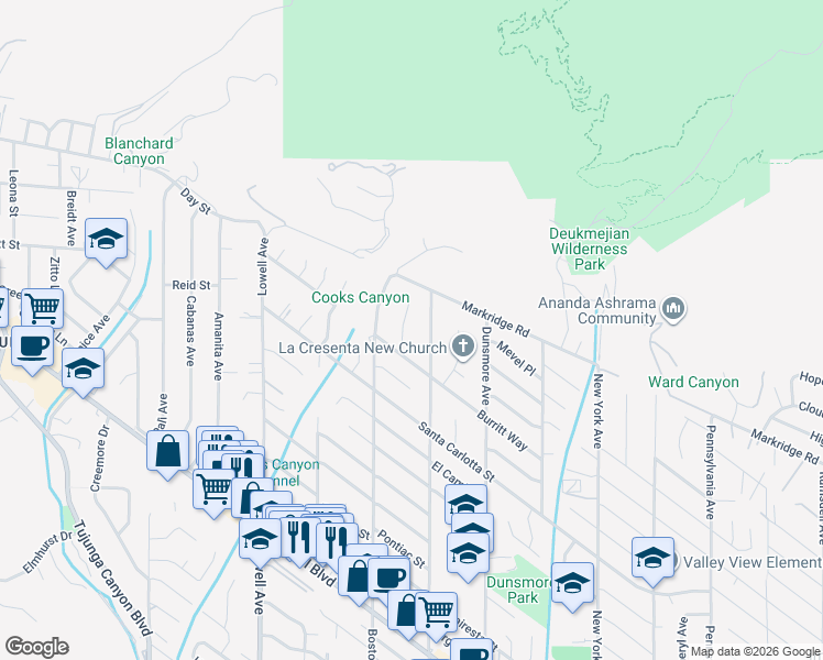 map of restaurants, bars, coffee shops, grocery stores, and more near 5020 Zoe Anne Way in Glendale