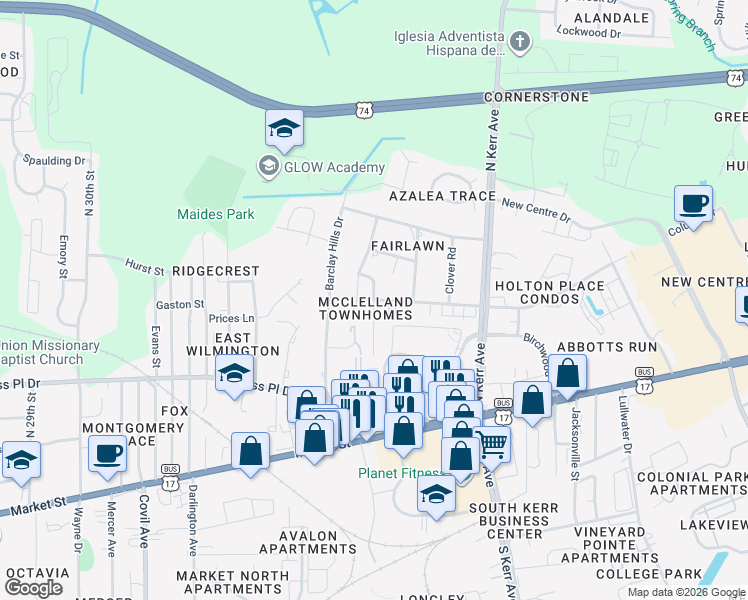map of restaurants, bars, coffee shops, grocery stores, and more near Saint Rosea Road in Wilmington