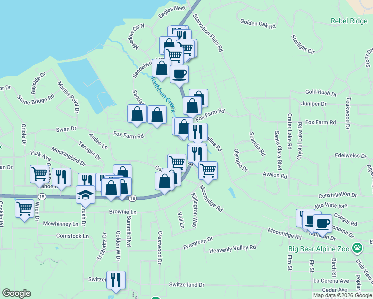 map of restaurants, bars, coffee shops, grocery stores, and more near in Big Bear Lake