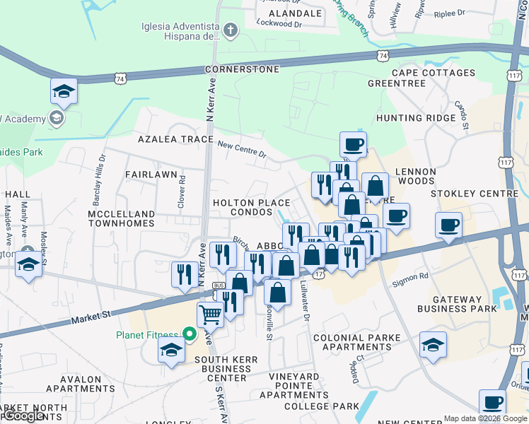 map of restaurants, bars, coffee shops, grocery stores, and more near 4618 McClelland Drive in Wilmington