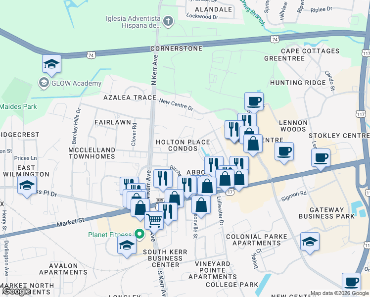 map of restaurants, bars, coffee shops, grocery stores, and more near 4610 McClelland Drive in Wilmington