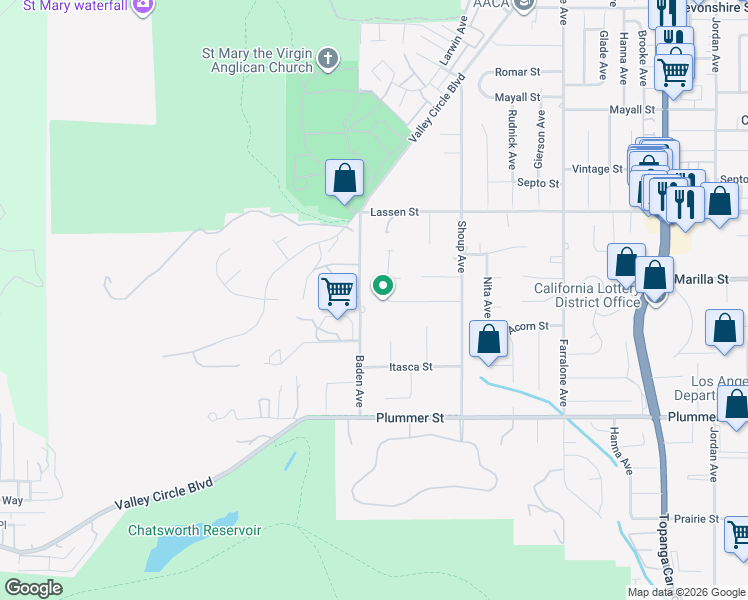 map of restaurants, bars, coffee shops, grocery stores, and more near 9720 Baden Avenue in Los Angeles