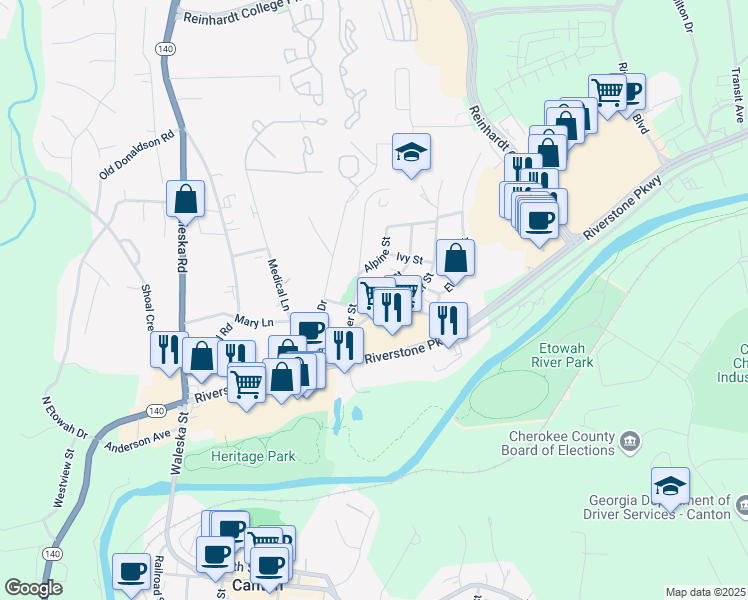 map of restaurants, bars, coffee shops, grocery stores, and more near 306 Birch Street in Canton