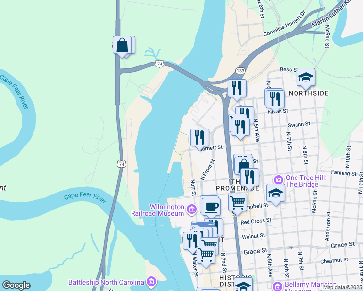 map of restaurants, bars, coffee shops, grocery stores, and more near 2 Cowan Street in Wilmington