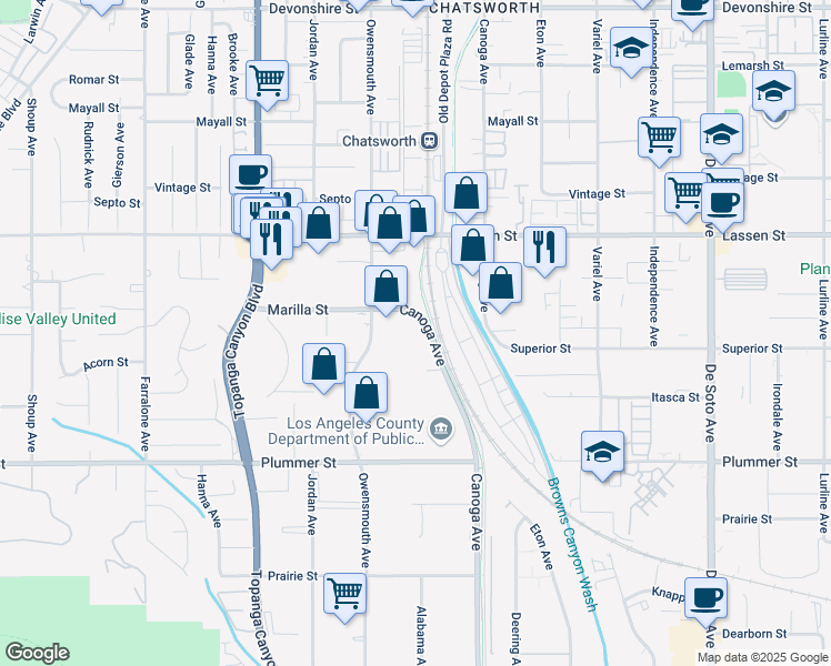 map of restaurants, bars, coffee shops, grocery stores, and more near 9700 Owensmouth Ave in Chatsworth
