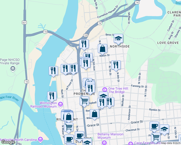 map of restaurants, bars, coffee shops, grocery stores, and more near 410 Harnett Street in Wilmington