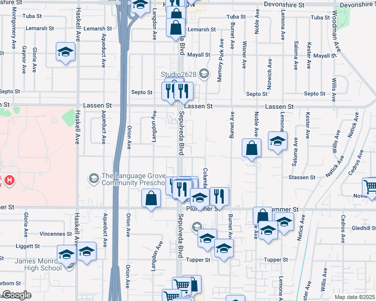 map of restaurants, bars, coffee shops, grocery stores, and more near 9714 Sepulveda Boulevard in Los Angeles