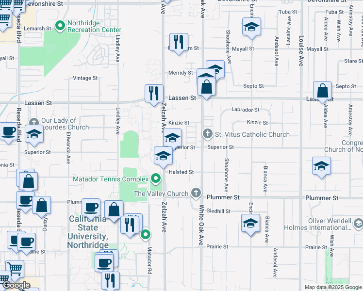 map of restaurants, bars, coffee shops, grocery stores, and more near 17720 Superior Street in Los Angeles