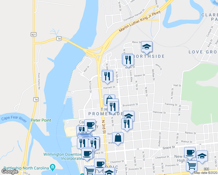 map of restaurants, bars, coffee shops, grocery stores, and more near 398 Harnett Street in Wilmington