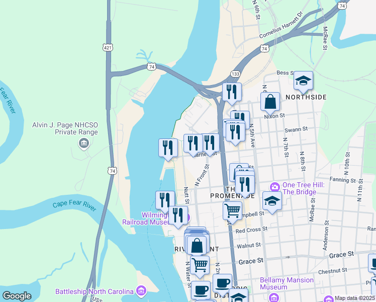 map of restaurants, bars, coffee shops, grocery stores, and more near 2 Cowan Street in Wilmington