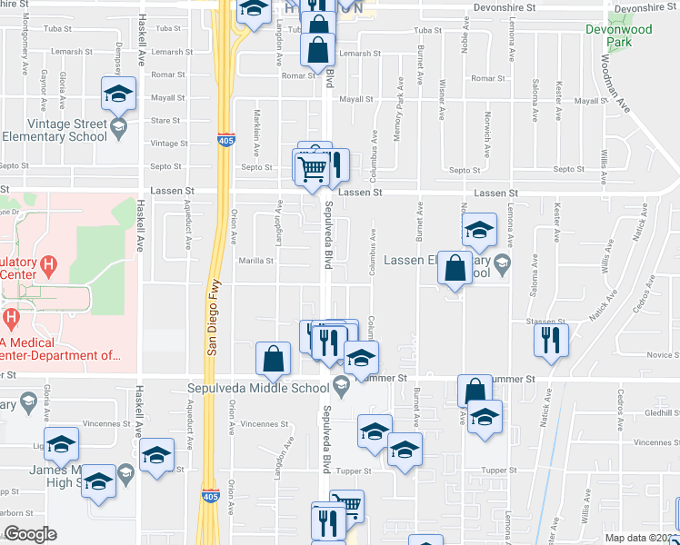 map of restaurants, bars, coffee shops, grocery stores, and more near 15361 Superior Street in Los Angeles