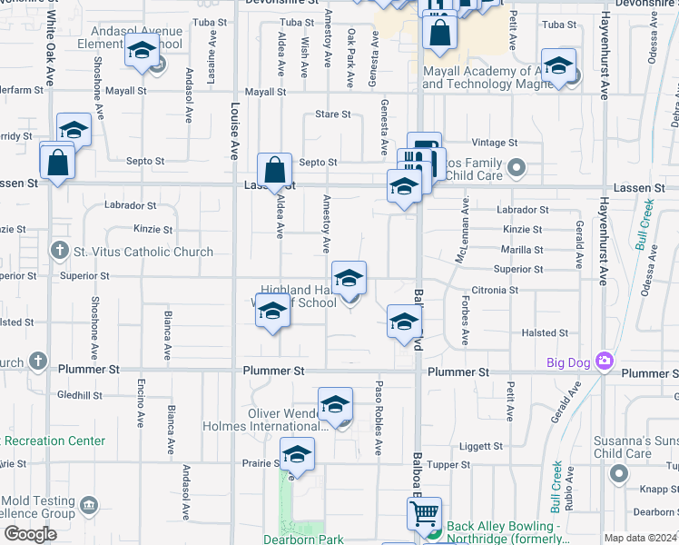 map of restaurants, bars, coffee shops, grocery stores, and more near 9710 Amestoy Avenue in Los Angeles